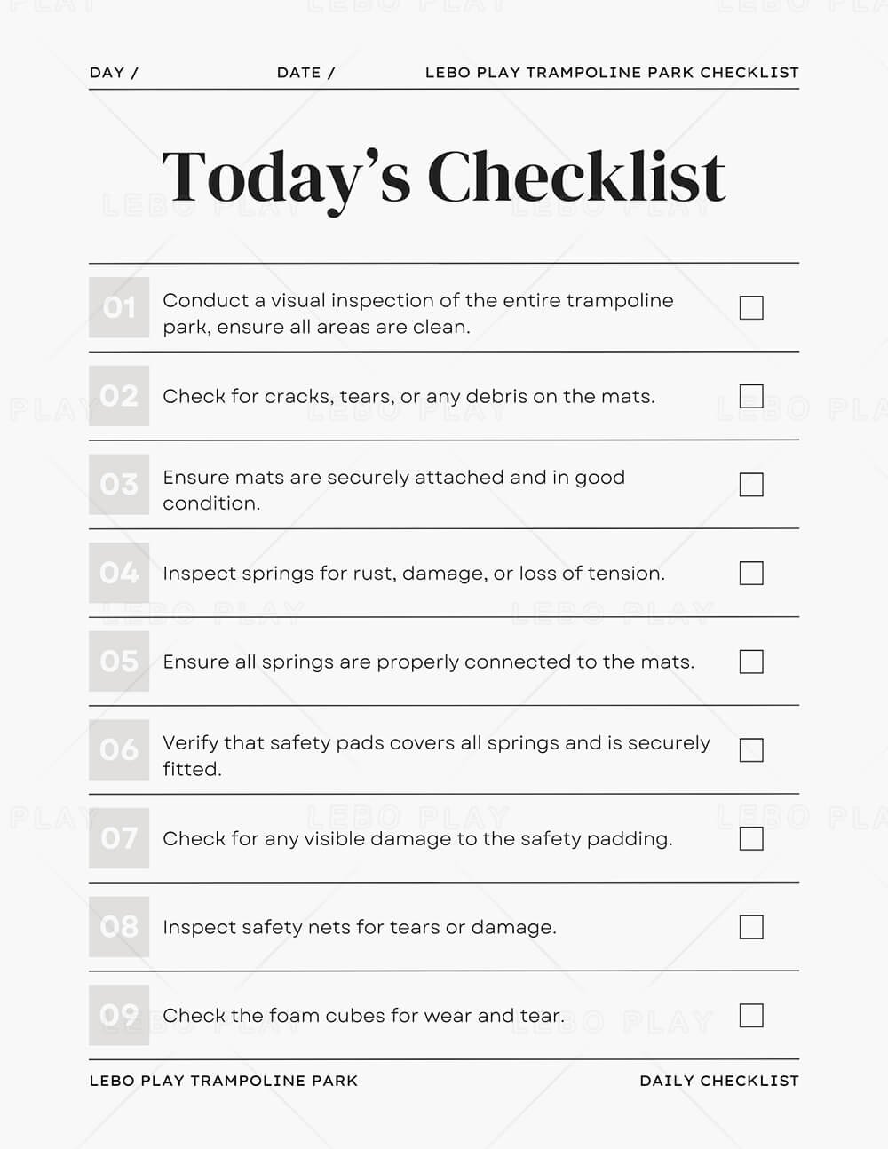 trampoline park checklist